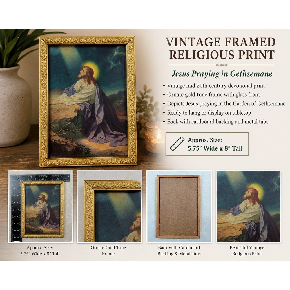 Vintage Jesus Praying in Garden of Gethsemane Ornate Gold Frame‎ Religious Print